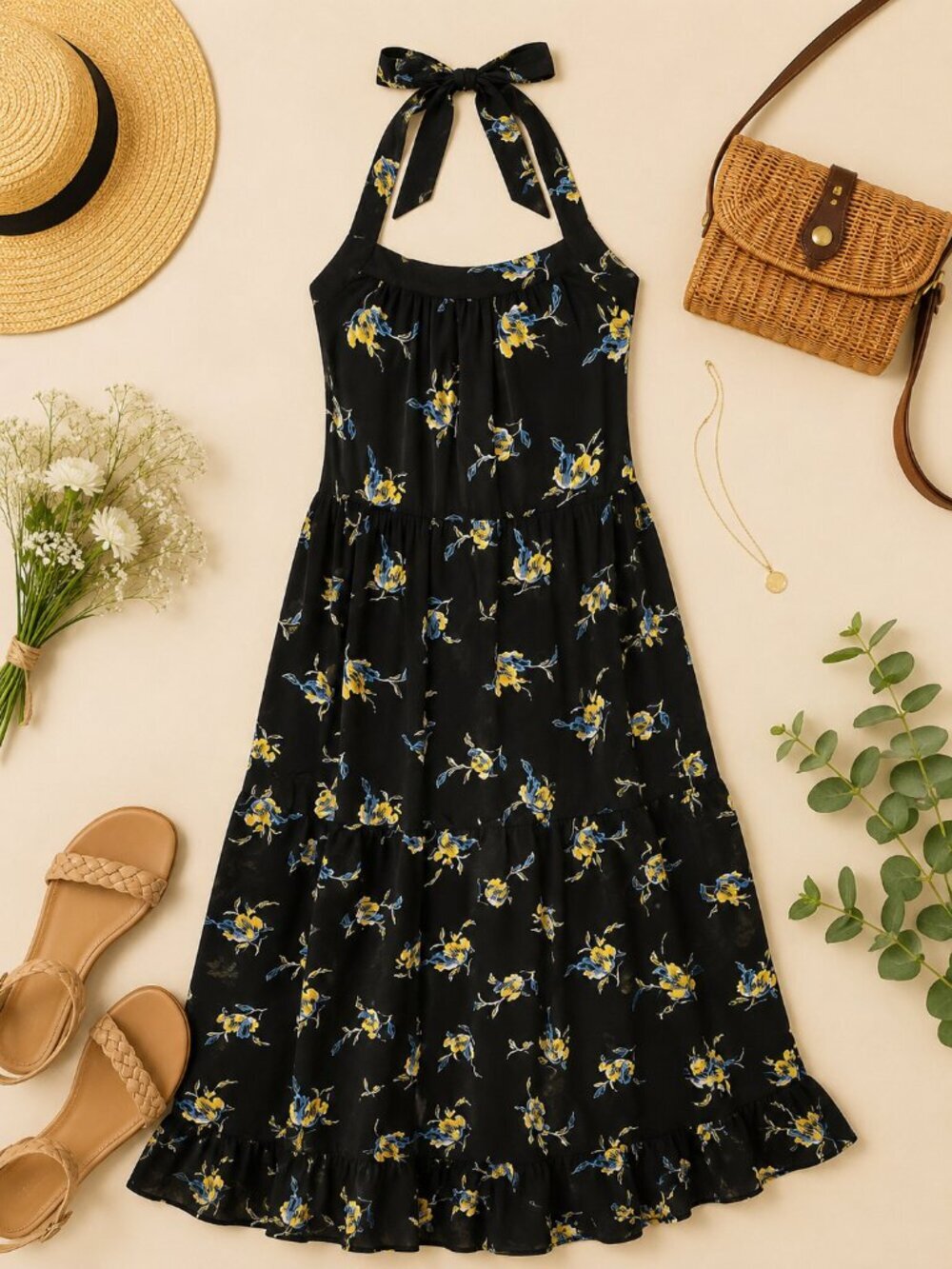 Who What Wear Black Floral Halter Midi Dress Ruffle Hem Lined Medium